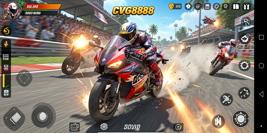 Tampilan gameplay seru dengan motor balap di lintasan.