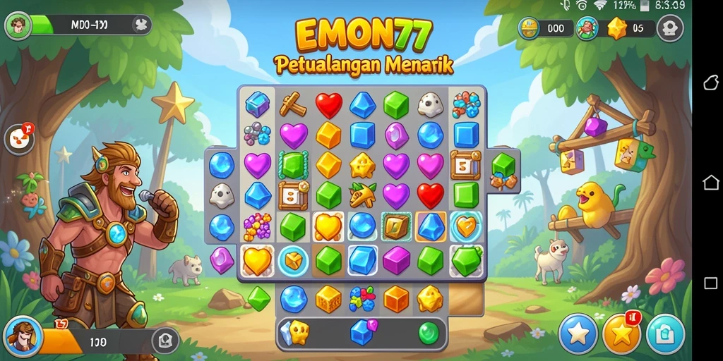 Menampilkan gameplay seru dalam game Match-3 EMON77.