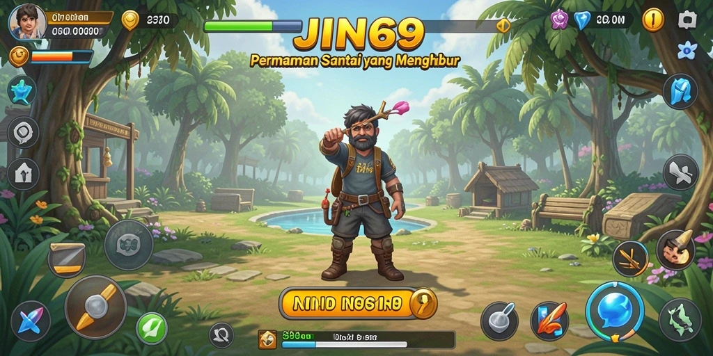 Tampilan gameplay <strong>JIN69</strong> yang cerah dan penuh warna dengan karakter lucu.