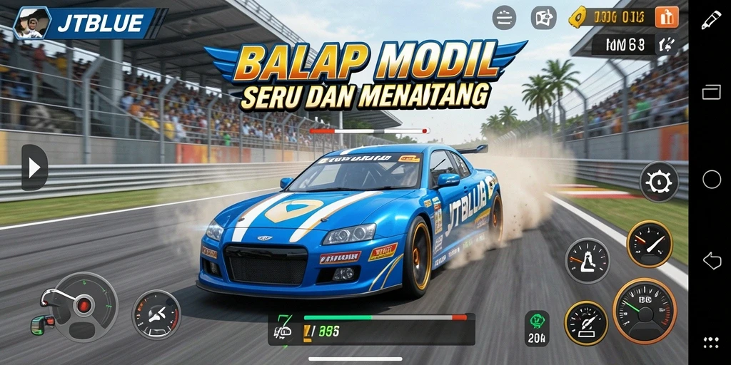Screenshot gameplay JTBLUE menampilkan aksi balap mobil yang menegangkan.