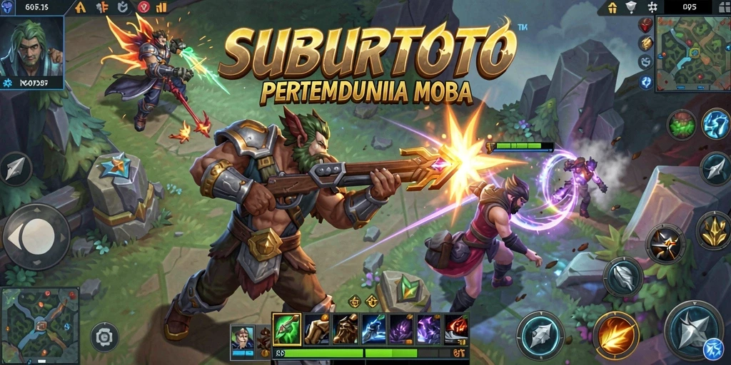 Screenshot gameplay SUBURTOTO menampilkan pertarungan intens di arena.