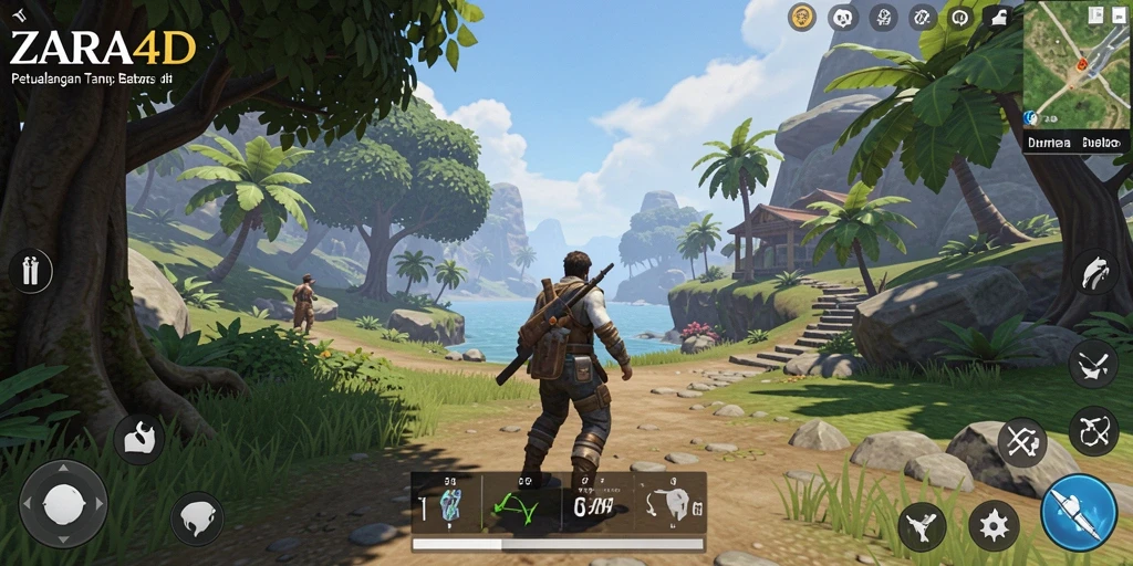 Tangkapan layar dari gameplay ZARA4D yang menampilkan dunia terbuka yang luas.